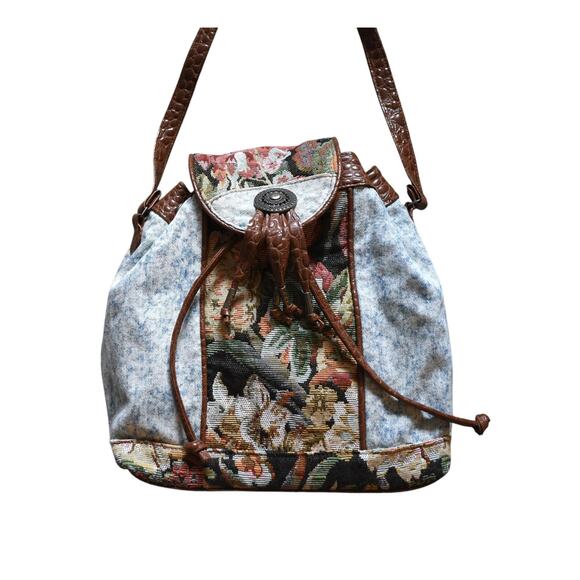 Vintage 80s Mallrat Academia Acid Washed Denim Floral Tapestry Tote Bag Purse - Picture 1 of 10